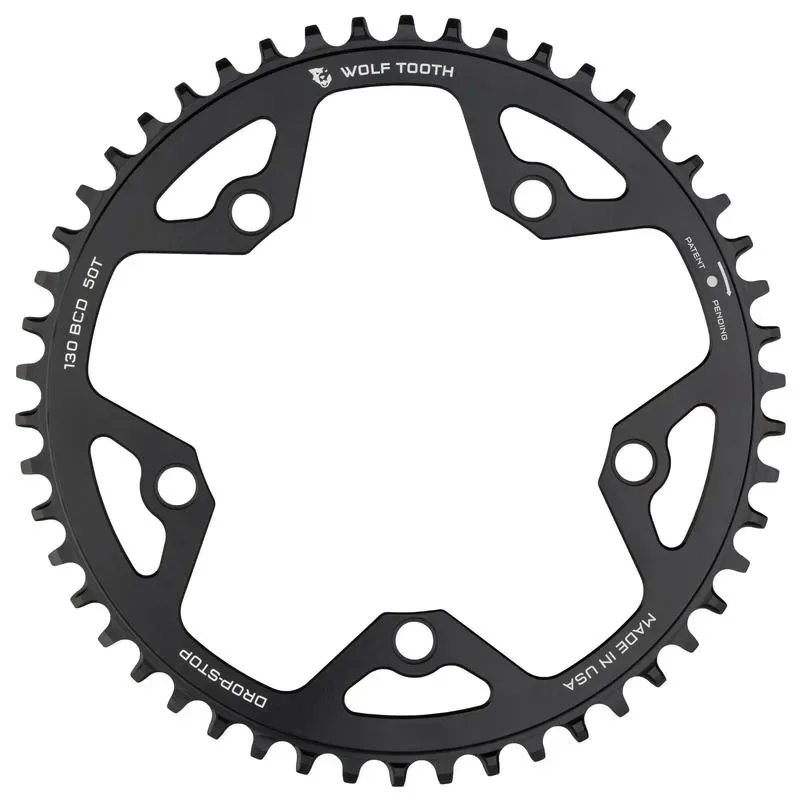 Wolf Tooth 130 BCD Road And Cyclocross Chainring - 52t 130 BCD 5-Bolt Drop-Stop B 10/11/12-Speed Eagle And Flattop Compatible Black